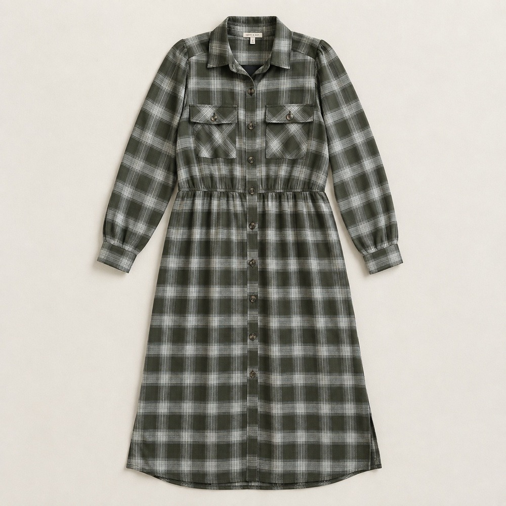 Kate & Sam Shirt Dress Sz S Green Plaid Button Midi Long Sleeve Belted Utility